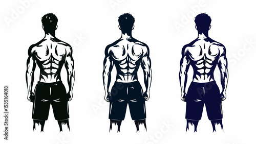 Three muscular men standing with their backs to the viewer showing their muscles and shorts off | eps vectors silhouette