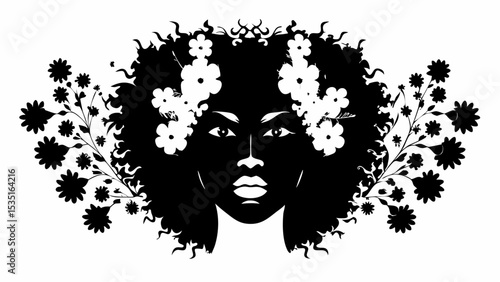 Silhouette of a woman with floral adornments in her hair and surrounding her head in black and white | eps vectors
