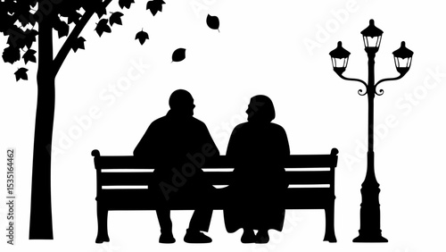 Silhouette of elderly couple sitting on a bench under a tree with leaves and a street lamp in black | eps vectors