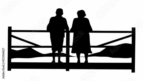Silhouette of elderly couple leaning on a wooden fence looking at distant hills in monochrome style | eps vectors