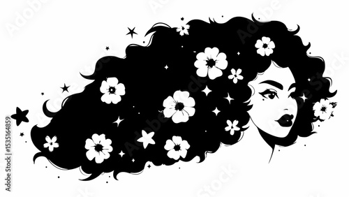 Illustration of a woman with dark curly hair adorned with flowers and stars in a black and white design | eps vectors silhouette