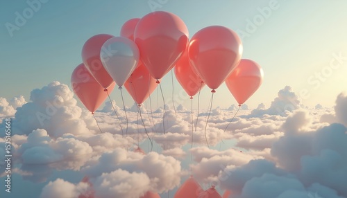 Fototapeta Naklejka Na Ścianę i Meble -  Pink balloons floating above soft white clouds