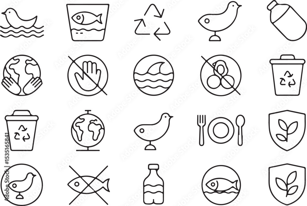 Fototapeta premium Ocean Conservation Icon Set Eco Art Minimalist Fish and Bottle Design Marine Protection Illustration
