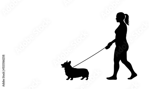 Silhouette of woman walking with a corgi dog isolated on transparent background
