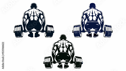 Three bodybuilders lifting barbells with muscular backs in a weightlifting exercise demonstration scene | eps vectors silhouette
