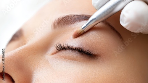 A close-up view of eye makeup application highlights the intricate process of beautifying the eyes, showcasing skillful artistry and the pursuit of beauty.