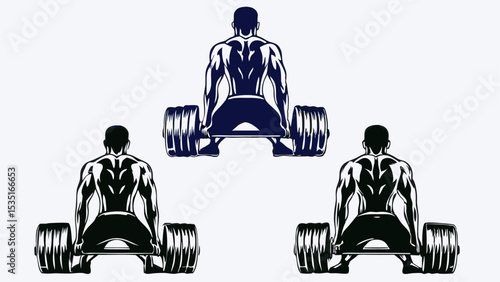 Three muscular men lifting barbells in a gym setting from the back view in black and blue color 100 chars | eps vectors silhouette