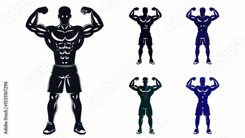 Multiple depictions of a muscular man flexing his biceps in various color schemes and silhouettes | eps vectors