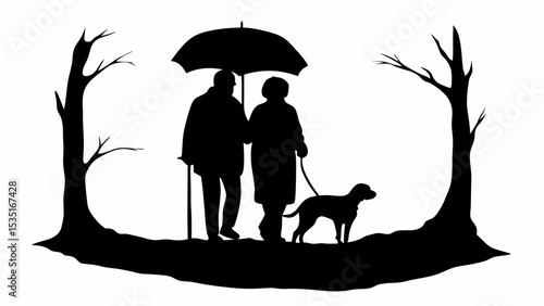 Silhouette of elderly couple walking dog under umbrella between bare trees in black and white design | eps vectors