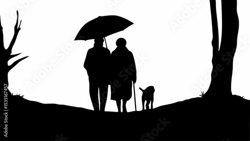 Silhouette of elderly couple walking with dog under umbrella in black and white landscape scene outdoors | eps vectors