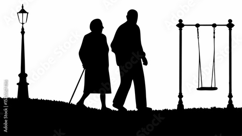 Silhouette of elderly couple walking in park with lamppost and swing set on a white background scene | eps vectors