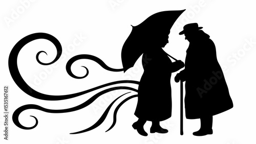 Silhouette of elderly couple with umbrella and cane in windy weather with swirls design element | eps vectors