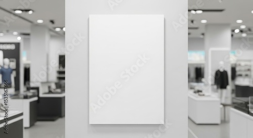 Blank white canvas poster displayed in a modern retail store.