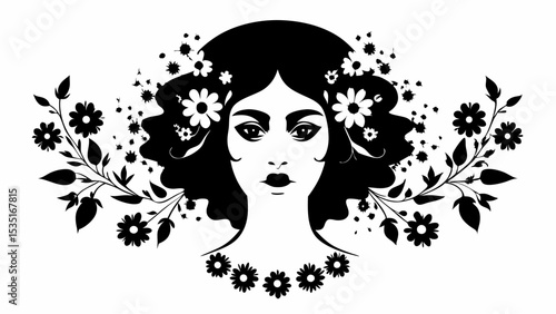 A stylized monochrome portrait of a woman with flowers in her hair and around her neck design art | eps vectors silhouette