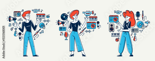 Music producer composing new track vector outline illustration set, sound engineer doing his job in recording studio, composer creating audio mix.