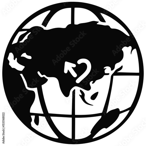 A black and white globe illustration depicting eurasia with an arrow pointing to the center region silhouette