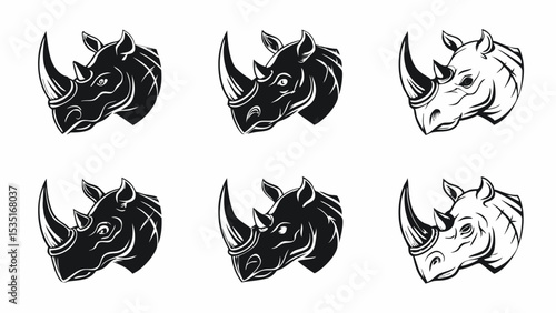 Six rhinoceros heads in black and white showcasing different design styles and shading effects | eps vectors silhouette