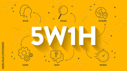 5w1h analysis diagram vector is cause and effect flowcharts, it helps to find effective solutions for problems or for structuring organization, has 6 steps such as who, what, when, where, why and how.