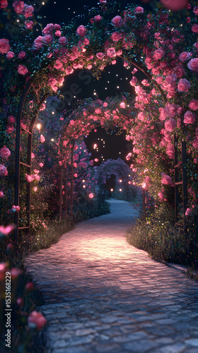 Enchanted Garden Pathway Lined with Blooming Roses Under a Starry Night Sky
