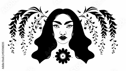 Illustration of a woman with long hair and a flower on her chest surrounded by leaves and small insects | eps vectors silhouette