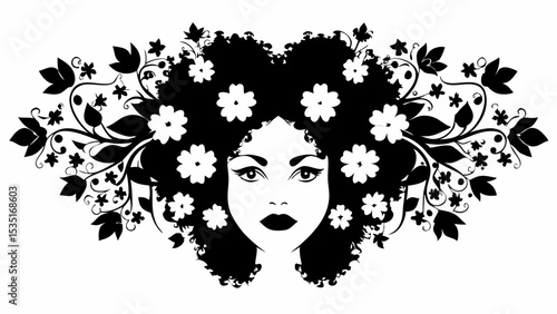 Woman with floral hair and vines in black and white graphic illustration design element art piece | eps vectors silhouette
