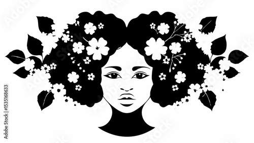 Illustration of a woman with floral afro hairstyle in black and white elegant and artistic design style | eps vectors silhouette