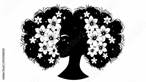 Silhouette of a woman's head with flowers in her hair in black and white floral hair design | eps vectors