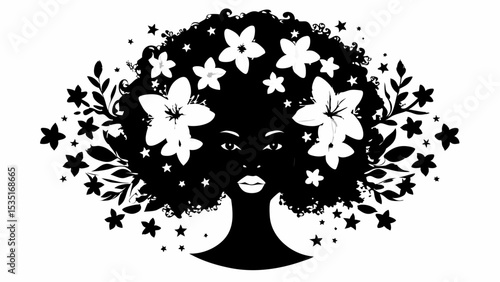 Silhouette of a woman with floral hair and stars in black and white artistic representation | eps vectors