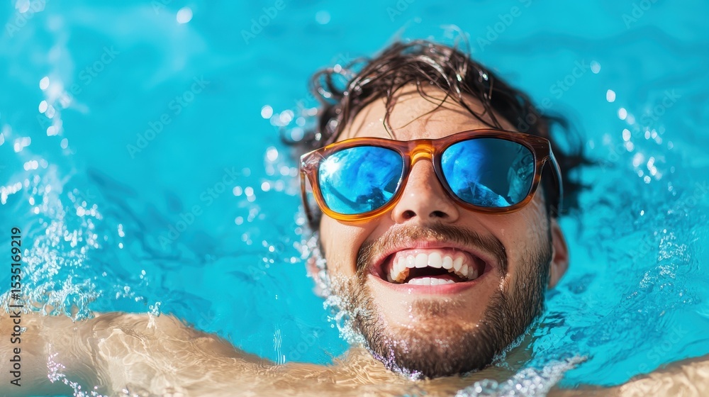 Naklejka premium A happy young man smiling in the pool while wearing stylish sunglasses, radiating joy and relaxation amidst clear blue water on a sunny day during a summer retreat.