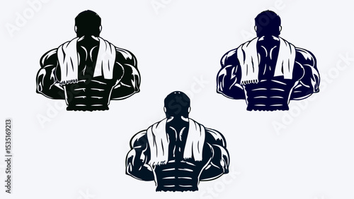 Three stylized illustrations of muscular men with towels draped over their shoulders and backs | eps vectors silhouette