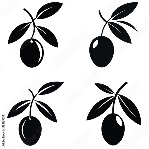 Four Olive Branch Symbols Black and White Olive Tree, Leaf, and Fruit