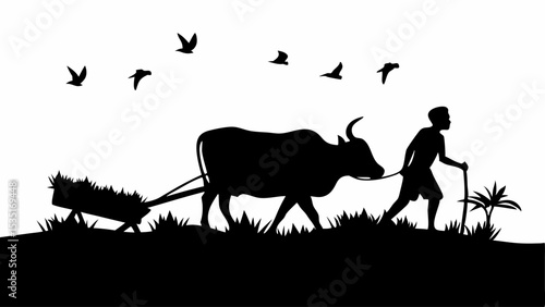 Silhouette of a farmer with an ox pulling a cart with birds flying above in a rural landscape setting scene | eps vectors
