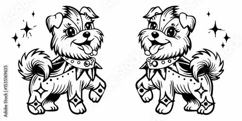 Two cartoon dogs with spiked collars and star decorations in black and white mirror image illustration | eps vectors silhouette