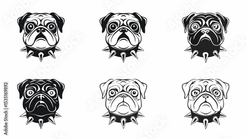 Illustration featuring six pug dog heads with spiked collars in varying shades and line thicknesses | eps vectors silhouette
