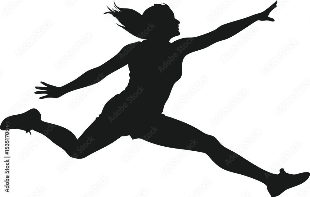 Dynamic female athlete in mid air silhouette Dynamic female athlete in mid air silhouette