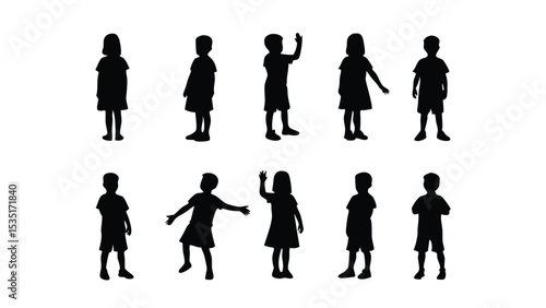 Silhouettes of Children Standing and Playing in Various Poses on White Background