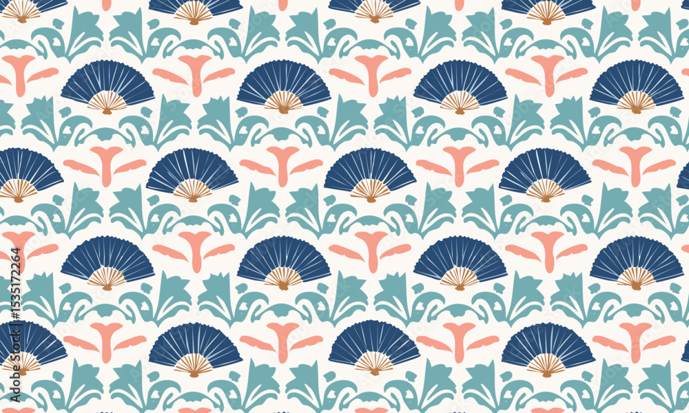 Naklejka premium Japanese Style Fan and Floral Illustration Pattern