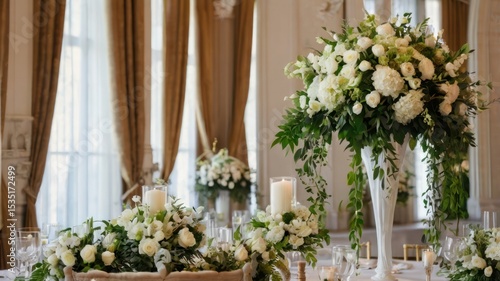Elegant floral arrangements in a grand hall