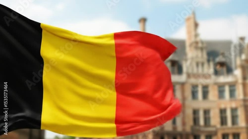 Waving Belgium flag with city background 