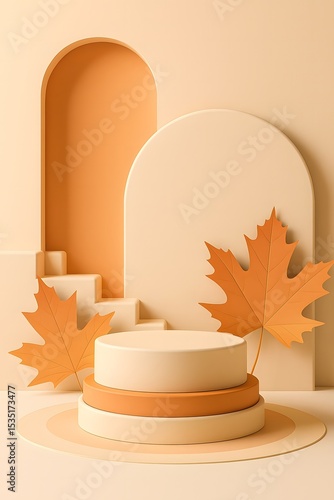 Autumn-Themed Cream and Orange Podium with Maple Leaves and Arched Background for Product Display