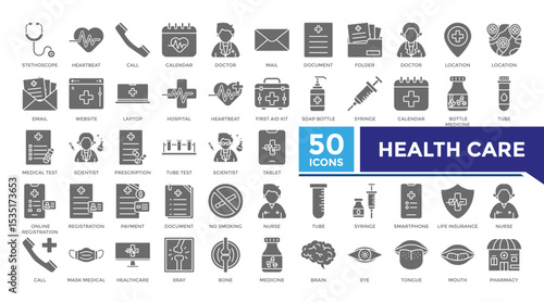 Health care solid icon set collection. This set includes stethoscope, heartbeat, doctor, hospital, medical test and more icons in 
solid style. Vector icons collection for websites and infographics