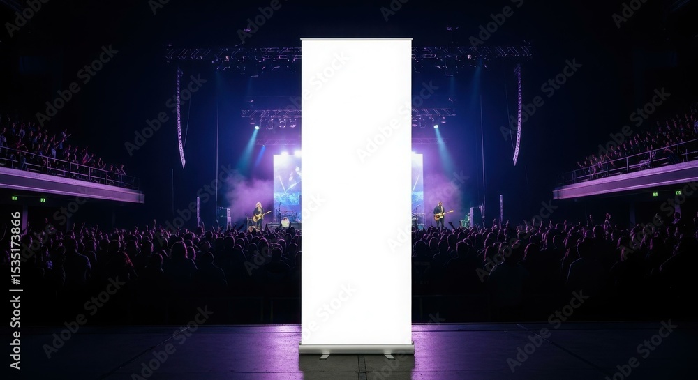 Obraz premium A blank white banner stands in front of a concert stage with audience.