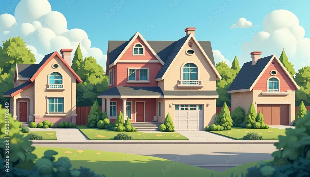 Cartoon Houses with Garages and Green Lawns under a Blue Sky Cartoon Houses with Garages and Green Lawns under a Blue Sky