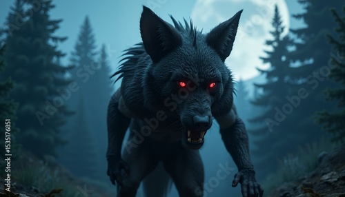 Werewolf with Red Eyes in Dark Forest