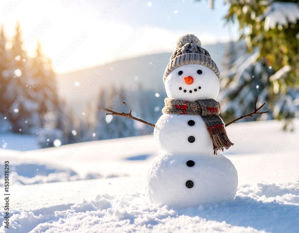Fototapeta premium Snowman in snowy landscape (1)