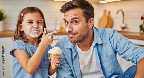 Man and girl child with messy faces eating ice cream. Summer treat concept for family, childhood, and happiness.