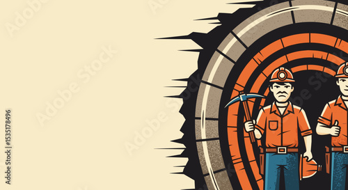 Miners Holding Pickaxe in Tunnel Illustration for Safety Campaigns, Mining Industry Websites, Training Materials, and Educational Resources