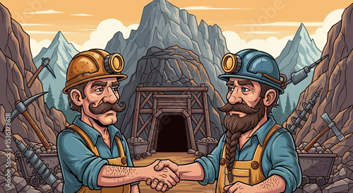 Miners Shaking Hands in Front of Mountain Mine for Industry Blogs, Business Partnerships, Teamwork Education, and Community Awareness