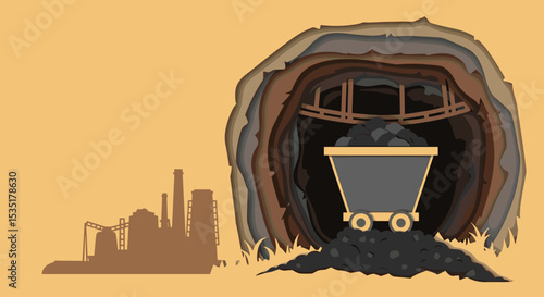 Mining Tunnel with Coal Cart Illustration on Neutral Background for Industry Blogs, Engineering Websites, Mining Awareness, and Educational Content