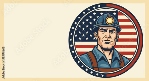 Miner with Hard Hat and American Flag Background for Labor Day Celebrations, Mining Industry Awareness, Historical Content, and Educational Resources